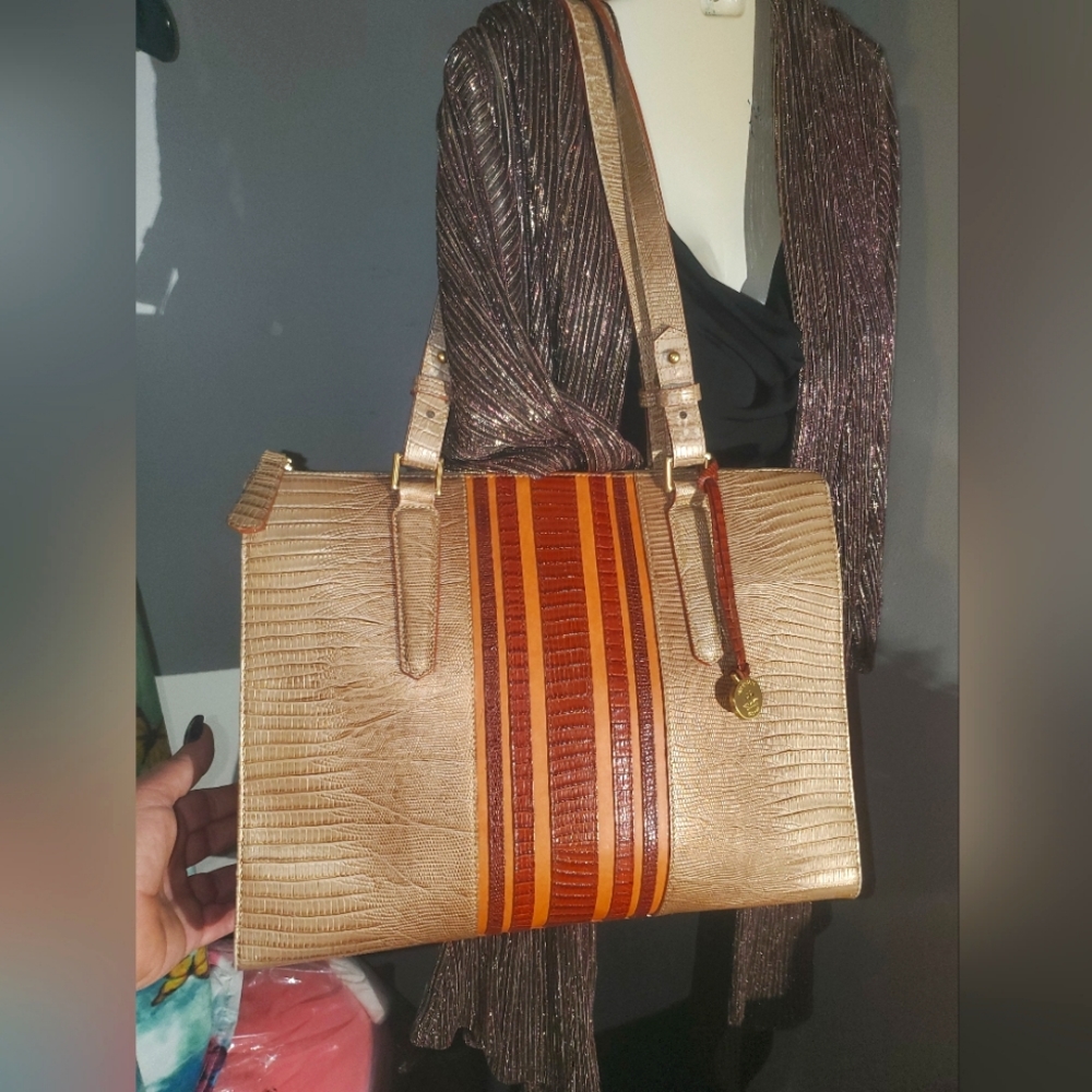 Brahmin Cabana Vineyard striped croc embossed leather tote handbag